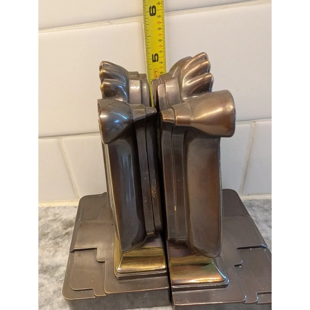PAIR BRASS PLATED METAL LYRE HARP BOOKENDS PHILADELPHIA MANUFACTURING CO. (PMC)‎